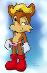 anthro antoine_d&#039;coolette blonde_hair blue_eyes boots bulge canine chest_tuft coyote crossdressing emerald-physics gloves hair male panties seduction sega smile sonic_(series) topless underwear undressing 