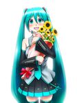  aqua_eyes aqua_hair blush bouquet detached_sleeves flower hatsune_miku headset highres long_hair necktie oonishi_shunsuke open_mouth simple_background skirt solo tears thighhighs twintails very_long_hair vocaloid white_background 