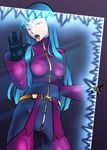  against_glass blue_hair bodysuit breast_press breasts chaps cropped_jacket gloves hime_cut ian_chase ice kula_diamond licking long_hair medium_breasts naughty_face red_eyes solo the_king_of_fighters 