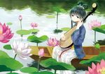  bangs black_hair blue_eyes boat closed_mouth commentary_request day flower hair_ornament hair_rings hair_tubes instrument long_sleeves lotus luo_tianyi lute_(instrument) moekon music outdoors partially_submerged playing_instrument satin satin_clothes short_hair_with_long_locks sitting smile soaking_feet solo tareme vocaloid vocanese water watercraft 