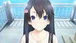  black_hair blue_eyes game_cg hair_ornament highres jiyu2 koisuru_otome_no_oshioki_jugyou kuroi_makoto looking_at_viewer railing smile solo 