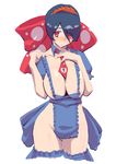  1girl black_hair bow breasts cleavage gen_1_pokemon hair_bow huge_breasts necktie personification pokemon red_eyes short_hair simple_background solo vileplume 