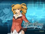  2011 ao_no_kiseki blazer blonde_hair blue_background brown_eyes company_name copyright_name drill_hair eiyuu_densetsu enami_katsumi hand_on_hip jacket jewelry long_hair mariabell_crois necklace official_art smile solo twin_drills twintails zero_no_kiseki zoom_layer 