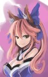  animal_ears arceonn bare_shoulders bow breasts cleavage detached_collar detached_sleeves fate/extra fate_(series) fox_ears hair_bow long_hair medium_breasts pink_hair ponytail smile solo tamamo_(fate)_(all) tamamo_no_mae_(fate) upper_body yellow_eyes 
