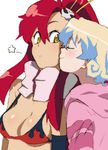  bikini_top blush cheek_kiss closed_eyes hair_ornament hood hoodie imoyk kiss lowres multicolored_hair multiple_girls nia_teppelin red_hair scarf star tengen_toppa_gurren_lagann two-tone_hair yellow_eyes yoko_littner yuri 