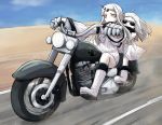  ahoge boots claws closed_mouth commentary_request covered_mouth desert detached_sleeves dress dust ground_vehicle horn kakizaki_(chou_neji) kantai_collection knee_boots long_hair mittens motor_vehicle motorcycle multiple_girls northern_ocean_hime orange_eyes pale_skin riding road sand seaport_hime shinkaisei-kan short_dress sky sleeveless sleeveless_dress sunglasses sweater sweater_dress white_dress white_footwear white_hair white_skin 