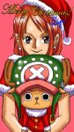  1girl age_difference christmas_costume long_hair nami_(one_piece) navel one_piece orange_hair reindeer smile tony_tony_chopper 