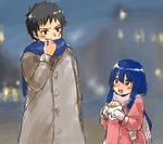  1girl akane_(imochimo) baozi black_hair blue_hair blush coat fairy_tail food height_difference holding long_hair mest mittens open_mouth outdoors scarf short_hair wendy_marvell 