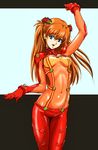  1girl arched_back arm_up bad_id bad_pixiv_id blue_eyes bodysuit breasts brown_hair hair_ornament highres long_hair looking_at_viewer medium_breasts multicolored multicolored_bodysuit multicolored_clothes navel neon_genesis_evangelion open_mouth orange_bodysuit plugsuit red_bodysuit revealing_clothes see-through shikinami_asuka_langley smile solo souryuu_asuka_langley test_plugsuit underboob 