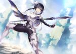  black_hair bodysuit breasts bun_cover chinese_clothes covered_navel double_bun fate/grand_order fate_(series) fighting_stance fingerless_gloves gloves green_eyes hair_between_eyes long_hair medium_breasts polearm qin_liangyu_(fate) solo spear standing tomoyohi weapon 