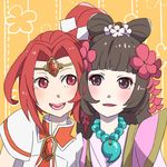  2girls blush brown_eyes brown_hair cardfight!!_vanguard crossover flower goddess_of_fortune_flowers_sakuya hair_ornament japanese_clothes jewelry kimono lowres magical_girl multiple_girls necklace oracle_think_tank red_eyes red_hair scarlet_witch_coco 
