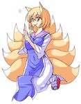  animal_ears blonde_hair breasts fox_ears fox_tail hirase_yuu large_breasts mouth_hold multiple_tails short_hair simple_background smile solo tail touhou white_background yakumo_ran 