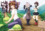  :d ^_^ animal_ears black_hair bow breasts brown_eyes brown_hair cabbage closed_eyes cover cover_page crossed_arms elbow_gloves food geta gloves grass hair_bow hat himekaidou_hatate hoe holding inubashiri_momiji iwanori long_hair looking_at_another looking_at_viewer medium_breasts multiple_girls open_mouth pun shameimaru_aya short_hair sign silver_hair skirt smile standing tail tokin_hat touhou translated twintails vegetable wings wolf_ears wolf_tail 