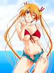  ahoge bare_shoulders bell bikini_top blue_eyes blush breasts contrapposto covered_nipples cutoffs denim denim_shorts hair_bell hair_ornament hand_on_hip kagurazaka_asuna large_breasts long_hair mahou_sensei_negima! midriff mutou_keiji navel no_panties ocean one_eye_closed open_fly orange_hair short_shorts shorts solo standing twintails unbuttoned underboob unzipped 