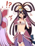  2girls absurdres bikini_top black_hair blush breasts brown_eyes cardfight!!_vanguard ceo_ameratsu cleavage collar hair_ornament headdress highres lowres lozenge_magus lozenge_magus_(cosplay) multiple_girls oracle_think_tank purple_hair ribbon skirt surprise surprised 