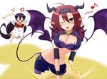  2girls bat_wings black_hair breasts cardfight!!_vanguard chasing cleavage cleavage_cutout crop_top crossover crying demon_tail dress dudley_daisy emoticon goddess_of_the_crecent_moon_tsukuyomi headband headdress horns lowres multiple_girls oracle_think_tank red_hair shorts spike_brothers tail teasing wings yellow_eyes 