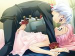  1boy 1girl blush crossdressing erection erection_under_clothes femdom kenbishi_seika looking_at_another ooyama_rui oto_puri pink_hair reverse_trap role_reversal see-through trap white_hair 