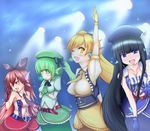  4girls bermuda_triangle black_hair blonde_hair blue_eyes cardfight!!_vanguard drive_quartet_bubblin drive_quartet_flows drive_quartet_ressac drive_quartet_shuplu fins green_eyes green_hair headset mermaid microphone miniskirt monster_girl multiple_girls on_stage red_eyes red_hair skirt yellow_eyes 