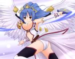  absurdres angel_feather angel_feathers blue_hair breasts cardfight!!_vanguard circular_saw_kiriel cleavage detached_sleeves hair_ornament headdress legwear looking_at_viewer lowres stockings thighhighs 
