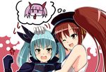  2girls absrudres armor blush brown_eyes cardfight!!_vanguard crossover cuddling darkness_maiden_macha emoticon flogal green_hair hair_ornament hat head_rub high_dog_breeder_akane lowres multiple_girls red_hair royal_paladin shadow_paladin side_ponytail side_tail yellow_eyes 