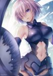  armor armored_leotard artist_name backlighting bangs bare_shoulders black_armor black_leotard breasts commentary_request cowboy_shot elbow_gloves eyebrows_visible_through_hair fate/grand_order fate_(series) faulds gloves glowing gluteal_fold groin_tendon hagino_kouta hair_over_one_eye halterneck highres hips holding holding_shield impossible_clothes impossible_leotard large_breasts lavender_hair legs_apart leotard looking_at_viewer mash_kyrielight navel navel_cutout parted_lips purple_eyes revision shield short_hair skin_tight solo standing straight_hair thigh_strap thighs turtleneck 