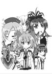  5girls akemi_homura animal_ears beret eyes_closed frown hair_ribbon halftone hat highres kaname_madoka kyubey looking_at_viewer mahou_shoujo_madoka_magica miki_sayaka military military_uniform monochrome multiple_girls parody personification ribbon sakura_kyouko smile space_craft spaceship thumbs_up tomoe_mami tu-ko-nin ultra_series uniform weapon 