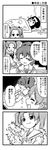  4koma :3 comic food fruit futon girls_und_panzer greyscale kadotani_anzu kawashima_momo koyama_yuzu monochrome monocle multiple_girls nanashiro_gorou ooarai_school_uniform partially_translated peach ponytail scared school_uniform serafuku short_hair sick sweatdrop tank_shell thermometer towel towel_on_head translation_request trembling turn_pale 