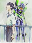  black_hair digital_media_player eva_01 frown ikari_shinji mecha neon_genesis_evangelion standing tegaki 