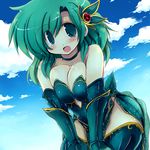  :d armor bare_shoulders bent_over blue_sky blush breast_squeeze breasts choker cleavage cloud collarbone day final_fantasy final_fantasy_iv gauntlets green_eyes green_hair hair_ornament hairpin large_breasts long_hair looking_at_viewer open_mouth rydia sakaki_(noi-gren) short_hair sky smile solo thighhighs 