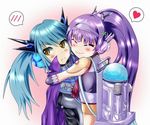  2girls absurdres armor backpack bag blush brown_eyes cape cardfight!!_vanguard darkness_maiden_macha emoticon green_hair hair_ornament headband headset multiple_girls nova_grappler oasis_girl purple_hair shadow_paladin yuri 