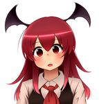  :o bat_wings blush chocomelon dress_shirt fang head_tilt head_wings koakuma long_hair long_sleeves necktie open_mouth red_eyes red_hair shirt simple_background solo touhou vest white_background white_shirt wings 