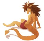  anthro biceps boxers brown_hair clothing dragon fit hair horn looking_at_viewer looking_back male muscles pecs peritian plain_background pose scalie shorts sitting smile solo toorak topless underwear white_background 