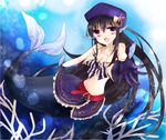  belt bermuda_triangle black_hair breasts cardfight!!_vanguard cleavage drive_quartet_ressac fins gloves hat jewelry long_hair looking_at_viewer mermaid miniskirt monster_girl necklace purple_eyes scales skirt 