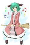  absurdres animal_ears bamboo_broom beamed_eighth_notes blush broom dress eighth_note green_eyes green_hair highres kasodani_kyouko kibisake loafers long_sleeves music musical_note natural_sign open_mouth quarter_note sharp_sign shoes short_hair singing solo touhou 