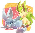  artist_request blue_eyes blush closed_mouth eyes_closed game_freak glaceon heart leafeon nintendo no_humans pokemon sitting smile 