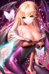  3: aile_(crossroads) bare_shoulders bat_wings blonde_hair blush breast_hold breasts bridal_gauntlets bug butterfly cleavage collarbone cosplay demon_girl frown green_eyes head_wings helena_k_sink holding insect large_breasts leotard long_hair morrigan_aensland morrigan_aensland_(cosplay) pantyhose pinky_out print_legwear purple_legwear solo strapless succubus sword_girls vampire_(game) very_long_hair wings 