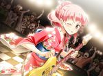  :p checkered checkered_floor crowd deardrops dutch_angle eyebrows fujimaru_(bluebrand) game_cg guitar hair_ornament hair_stick instrument japanese_clothes kimono one_eye_closed ooba_yayoi pink_hair solo tongue tongue_out 