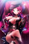  aile_(crossroads) belt breasts character_request cleavage collar crossed_legs drill_hair fishnet_legwear fishnets garter_straps green_eyes hat large_breasts long_hair looking_at_viewer pink_hair sitting smile solo sword_girls thighhighs whip 