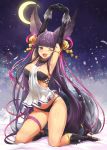  animal_ears armpits arms_up bangs bare_legs barefoot black_gloves black_panties blunt_bangs breasts crescent_moon crystal_shoujo fang fox_ears fox_tail full_body gloves granblue_fantasy highres kneeling large_breasts long_hair looking_at_viewer moon one_eye_closed open_mouth panties purple_eyes purple_hair revision smile solo tail thigh_strap toeless_legwear underwear very_long_hair yuel_(granblue_fantasy) 