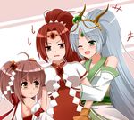  3girls brown_hair cardfight!!_vanguard detached_sleeves emerald_witch_lala green_eyes hair_ornament headdress horns japanese_clothes kimono little_witch_lulu long_hair looking_at_viewer lowres multiple_girls oracle_think_tank ponytail red_eyes red_hair scarlet_witch_coco short_twintails twintails white_eyes white_hair 