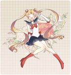  ^_^ back_bow bishoujo_senshi_sailor_moon blonde_hair blue_sailor_collar blue_skirt blush boots bow choker closed_eyes double_bun elbow_gloves flower gloves heart highres knee_boots long_hair muro_(iku2727) open_mouth red_bow red_choker sailor_collar sailor_moon sailor_senshi_uniform skirt solo tiara tsukino_usagi twintails v white_gloves 