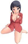  barefoot black_hair blush breasts cleavage hair_ornament hairclip hozumi_takashi kirigaya_suguha large_breasts no_bra no_pants off_shoulder pajamas panties purple_eyes short_hair sitting solo sword_art_online underwear wariza 