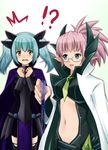  2girls absurdres armor black_legwear blue_eyes blush cape cardfight!!_vanguard darkness_maiden_macha elf elf_ears emoticon green_hair hair_ornament hair_ornaments highres legwear lowres midriff miniskirt multiple_girls nostrum_witch_arianrhod pink_hair pointy_ears scientist shadow_paladin skirt stockings teasing thighhighs vava vile witch_of_nostrum_arianrhod yellow_eyes 