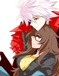  1girl apper500 breasts brown_eyes brown_hair fate/extra fate/extra_ccc fate_(series) fur_trim glasses grey_eyes jinako_carigiri karna_(fate) long_hair medium_breasts messy_hair shirt short_hair silver_hair simple_background smile sweater t-shirt white_background 