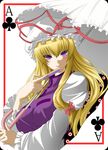  blonde_hair blush breasts card gap large_breasts playing_card playing_card_theme purple_eyes smile solo toron_(mino106) touhou umbrella yakumo_yukari 