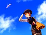  bird black_hat brown_hair cloud day hat jacket jacket_removed leia_rolando nanamura sky solo tales_of_(series) tales_of_xillia tales_of_xillia_2 thighhighs vest yellow_eyes 