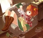  artist_name bell blueberry_(5959) book boots brown_hair checkered couch cross-laced_footwear curtains eyewear_removed glasses hair_bell hair_ornament holding holding_book jingle_bell lace-up_boots lying motoori_kosuzu on_back open_book picture_frame reading red_eyes short_hair skirt smile solo touhou two_side_up 