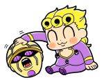  :3 bkub blonde_hair blush blush_stickers braided_ponytail cleavage_cutout closed_eyes commentary curly_hair giorno_giovanna gold_experience jacket jojo_no_kimyou_na_bouken large_buttons long_sleeves motion_lines open_mouth pants purple_eyes purple_footwear purple_jacket purple_pants severed_head shoes shouting simple_background sitting stand_(jojo) vento_aureo white_background 