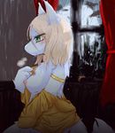  armband blonde_hair blush breasts chipar clothing cub detailed_background female fur green_eyes hair inside jewelry long_hair moomin nipples outside rain room side_boob side_view solo the_snork_maiden unknown_species wet white_fur window young 