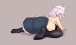  all_fours ass brown_background denim denim_shorts feet highres huge_ass kuro_suto_sukii letty_whiterock looking_at_viewer looking_back pink_hair purple_eyes short_hair shorts simple_background sitting solo thighhighs topless touhou wariza 